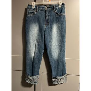 Y2K Lauren Max Women's Bedazzled Cuff & Pocket Accent Capri Jeans Blue 6 Artsy